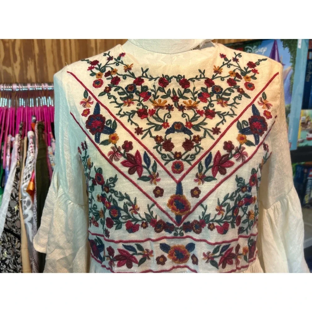 Umgee Boho Floral Embroidered‎ Bell Sleeve Mini Dress Cream Ivory Babydoll Sz S